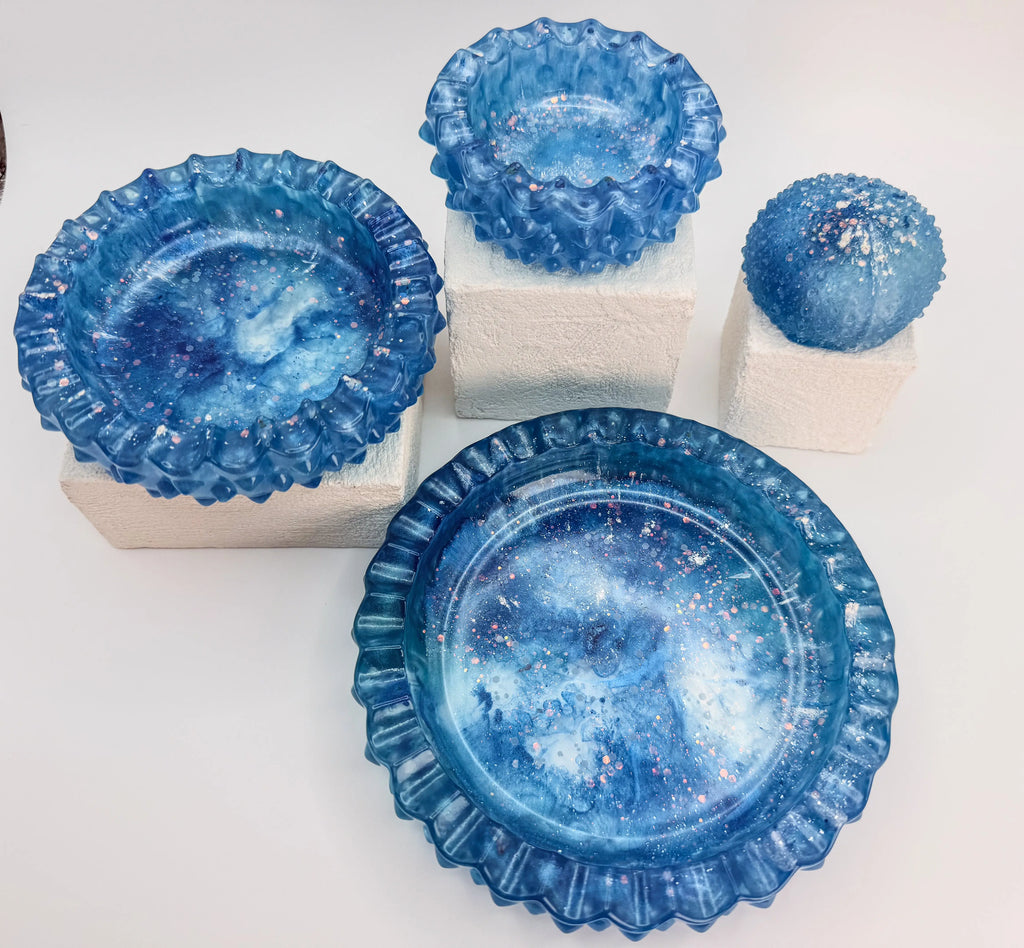 Ocean Tide Ruffled Resin Tray Set of 3 & Sea Urchin Sculpture Peppered Moth Studios 