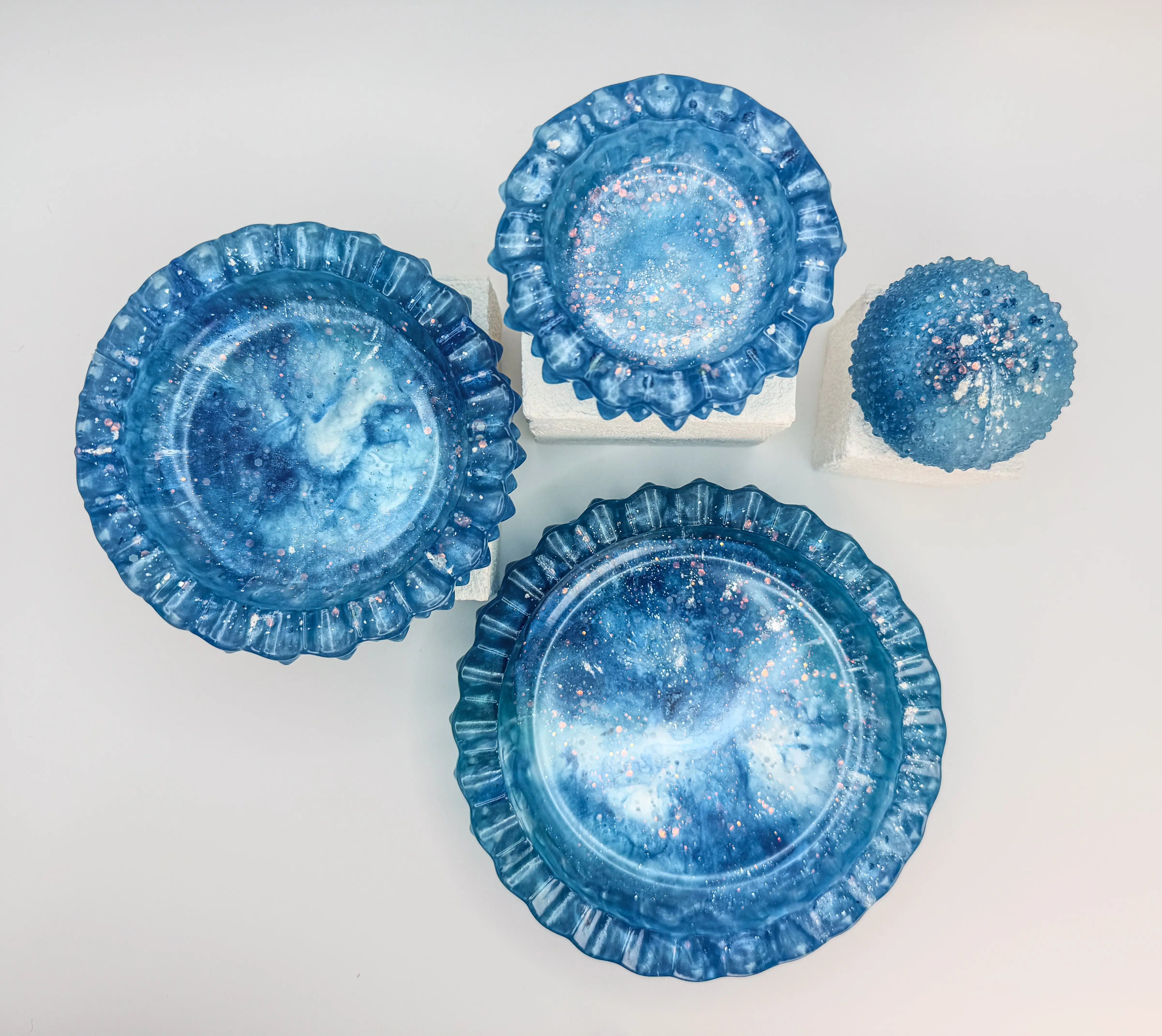 Ocean Tide Ruffled Resin Tray Set of 3 & Sea Urchin Sculpture Peppered Moth Studios 